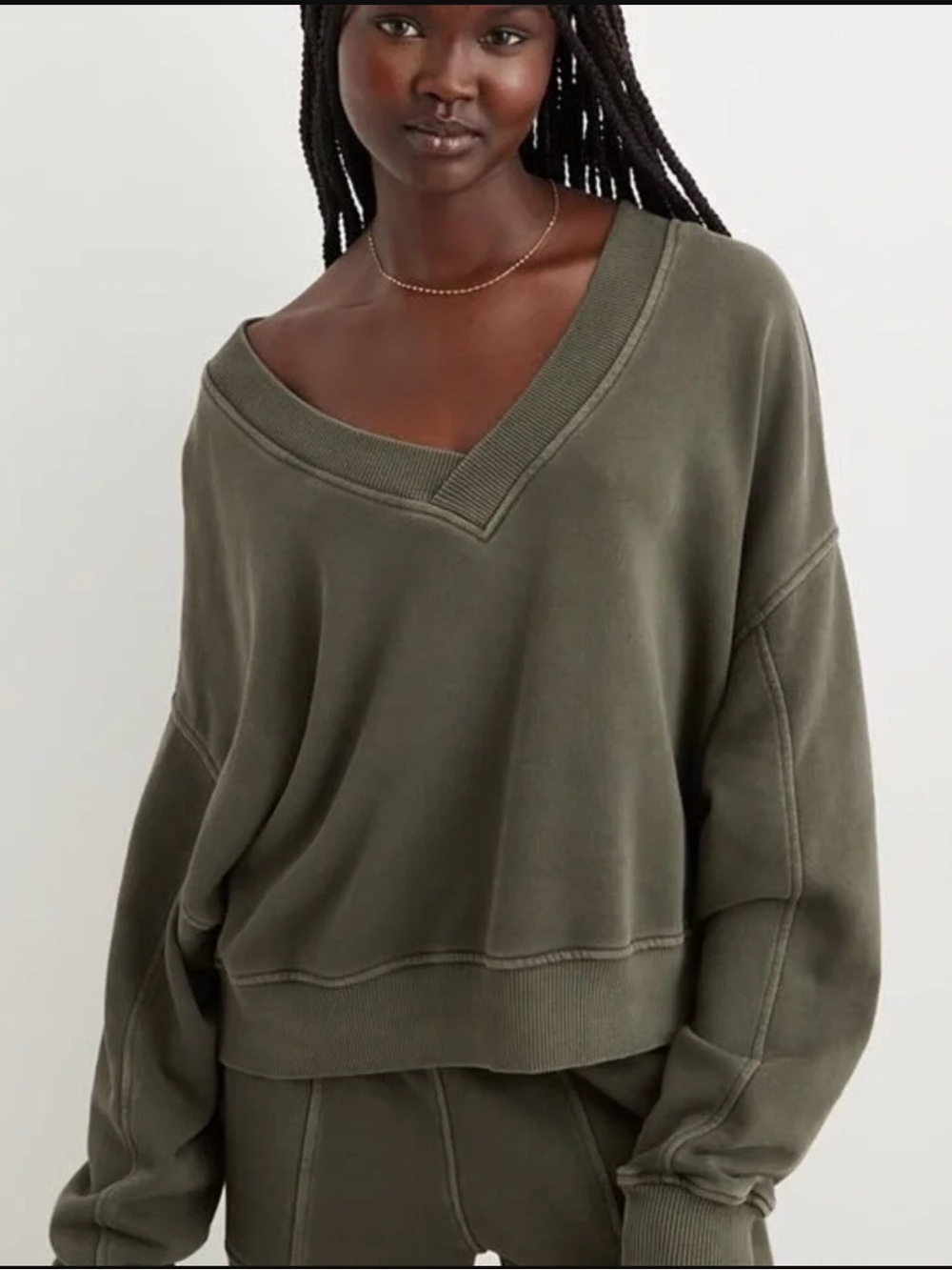 Aerie House Party Sweatshirt V Neck Cropped Oversized Olive Green